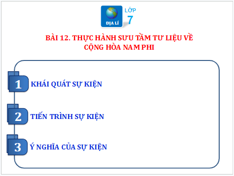 Giáo án điện tử Địa Lí 7 Chân trời sáng tạo Bài 12: Thực hành sưu tầm tư liệu về Cộng hoà Nam Phi | PPT Địa 7