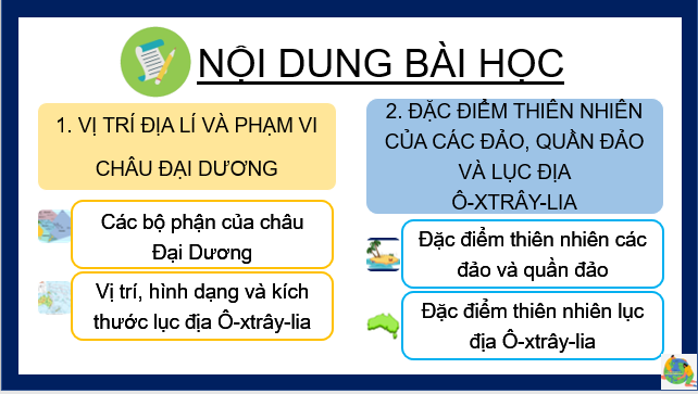 Giáo án điện tử Địa Lí 7 Cánh diều Bài 20: Vị trí địa lí, phạm vi và đặc điểm thiên nhiên châu Đại Dương | PPT Địa 7