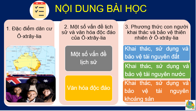 Giáo án điện tử Địa Lí 7 Cánh diều Bài 21: Đặc điểm dân cư, xã hội và phương thức con người khai thác, sử dụng và bảo vệ thiên nhiên ở Ô-xtrây-li-a | PPT Địa 7