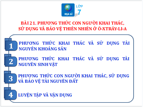 Giáo án điện tử Địa Lí 7 Chân trời sáng tạo Bài 21: Phương thức con người khai thác, sử dụng và bảo vệ thiên nhiên ở Ô-xtrây-li-a | PPT Địa 7