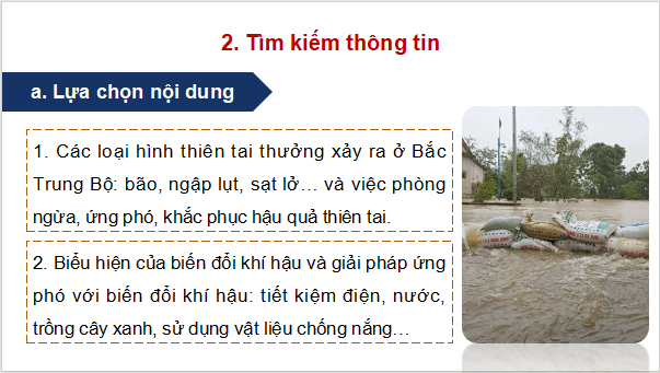 Giáo án điện tử Địa Lí 9 Chân trời sáng tạo Bài 14: Thực hành: Tìm hiểu vấn đề phòng chống thiên tai và ứng phó với biến đổi khí hậu ở Bắc Trung Bộ | PPT Địa 9