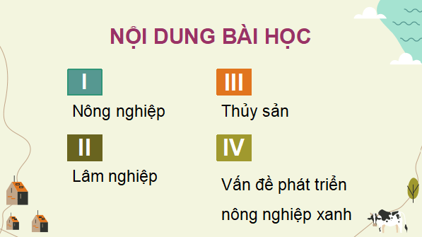 Giáo án điện tử Địa Lí 9 Cánh diều Bài 4: Nông nghiệp, lâm nghiệp, thuỷ sản | PPT Địa 9
