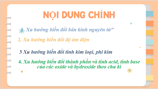 Giáo án điện tử Hóa 10 Chân trời sáng tạo Bài 6: Xu hướng biến đổi một số tính chất của nguyên tử các nguyên tố, thành phần và một số tính chất của hợp chất trong một chu kì và nhóm | PPT Hóa học 10