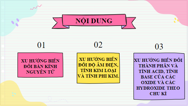 Giáo án điện tử Hóa 10 Cánh diều Bài 7: Xu hướng biến đổi một số tính chất của đơn chất, biến đổi thành phần và tính chất của hợp chất trong một chu kì và trong một nhóm | PPT Hóa học 10