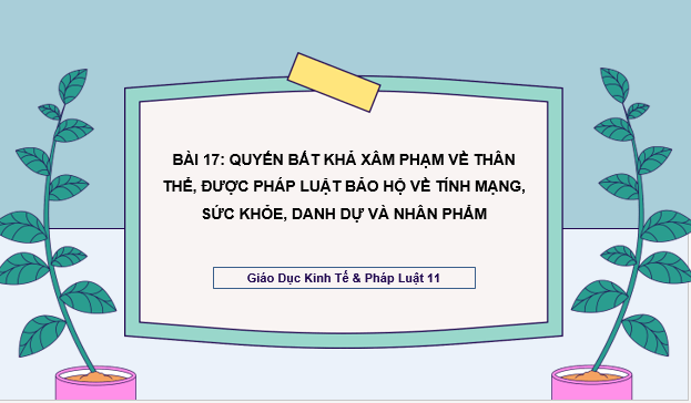 Giáo án điện tử KTPL 11 Chân trời sáng tạo Bài 17: Quyền bất khả xâm phạm về thân thể, được pháp luật bảo hộ về tính mạng, sức khoẻ, danh dự và nhân phẩm | PPT Kinh tế Pháp luật 11