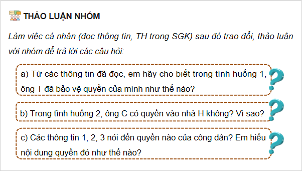 Giáo án điện tử KTPL 11 Cánh diều Bài 18: Quyền bất khả xâm phạm về chỗ ở | PPT Kinh tế Pháp luật 11