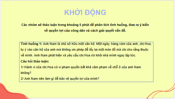 Giáo án điện tử KTPL 11 Chân trời sáng tạo Bài 18: Quyền bất khả xâm phạm về chỗ ở | PPT Kinh tế Pháp luật 11