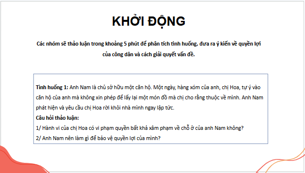 Giáo án điện tử KTPL 11 Kết nối tri thức Bài 18: Quyền bất khả xâm phạm về chỗ ở của công dân | PPT Kinh tế Pháp luật 11