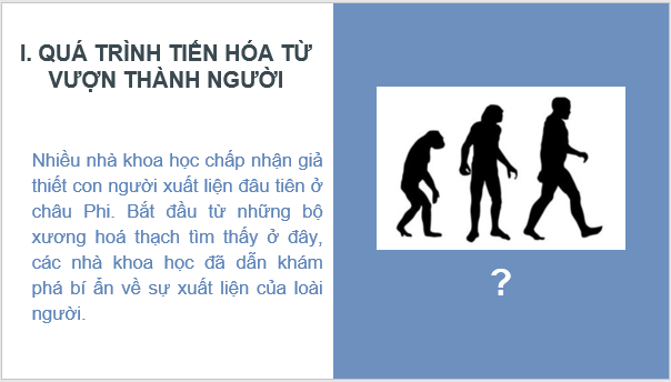 Giáo án điện tử Lịch Sử 6 Chân trời sáng tạo Bài 3: Nguồn gốc loài người | PPT Lịch Sử 6