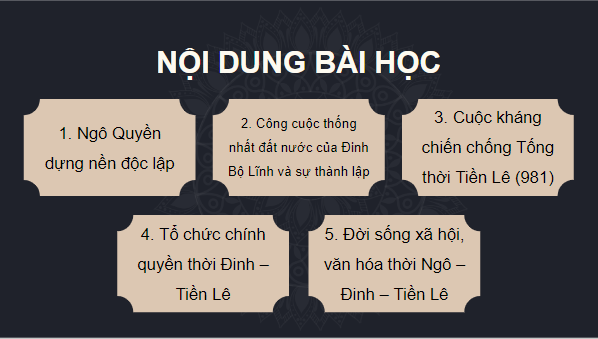 Giáo án điện tử Lịch Sử 7 Chân trời sáng tạo Bài 14: Công cuộc xây dựng và bảo vệ đất nước thời Ngô - Đinh - Tiền Lê (938-1009) | PPT Lịch Sử 7