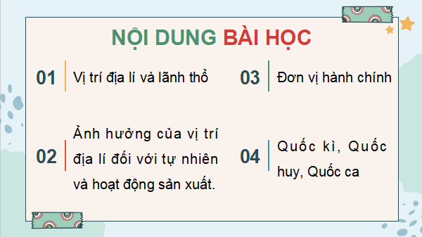 Giáo án điện tử Lịch Sử và Địa Lí lớp 5 Chân trời sáng tạo Bài 1: Vị trí địa lí, lãnh thổ, đơn vị hành chính, Quốc kì, Quốc huy, Quốc ca | PPT Lịch Sử và Địa Lí 5