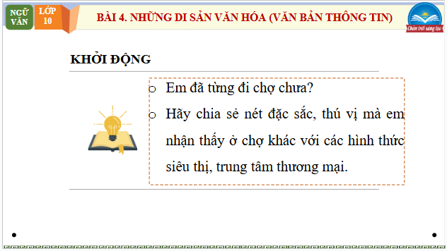 Giáo án điện tử bài Chợ nổi – Nét văn hóa sông nước miền Tây | PPT Văn 10 Chân trời sáng tạo