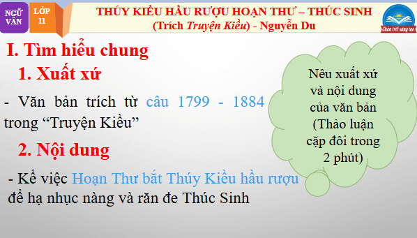 Giáo án điện tử bài Thuý Kiều hầu rượu Hoạn Thư –Thúc Sinh | PPT Văn 11 Chân trời sáng tạo