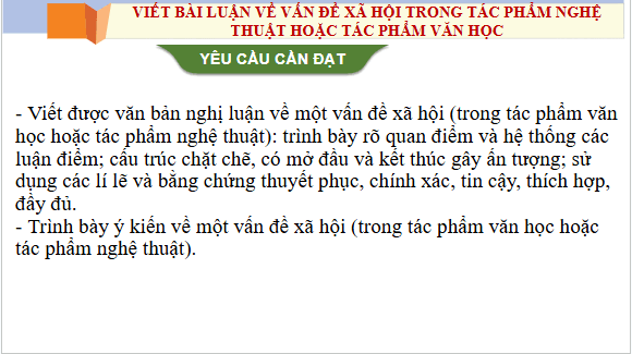 Giáo án điện tử bài Viết văn bản nghị luận về một vấn đề xã hội trong tác phẩm nghệ thuật hoặc tác phẩm văn học | PPT Văn 11 Chân trời sáng tạo