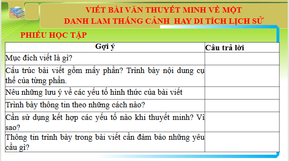 Giáo án điện tử bài Viết bài văn thuyết minh về một danh lam thắng cảnh hay di tích lịch sử | PPT Văn 9 Chân trời sáng tạo