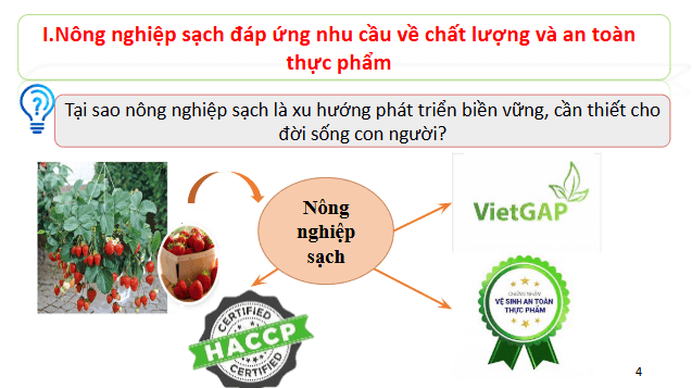 Giáo án điện tử Chuyên đề Sinh 11 Chân trời sáng tạo Bài 1: Khái quát về nông nghiệp sạch | PPT Chuyên đề Sinh học 11