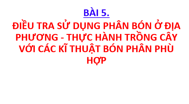 Giáo án điện tử Chuyên đề Sinh 11 Chân trời sáng tạo Bài 5: Dự án: Điều tra sử dụng phân bón ở địa phương hoặc thực hành: Trồng cây với các kĩ thuật bón phân phù hợp | PPT Chuyên đề Sinh học 11