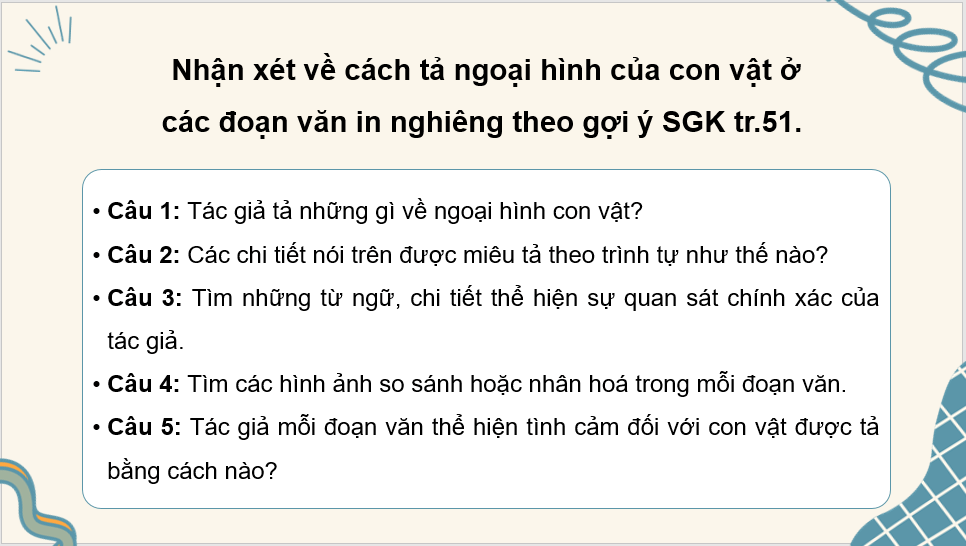 Giáo án điện tử Luyện tập tả con vật (trang 51) lớp 4 | PPT Tiếng Việt lớp 4 Cánh diều