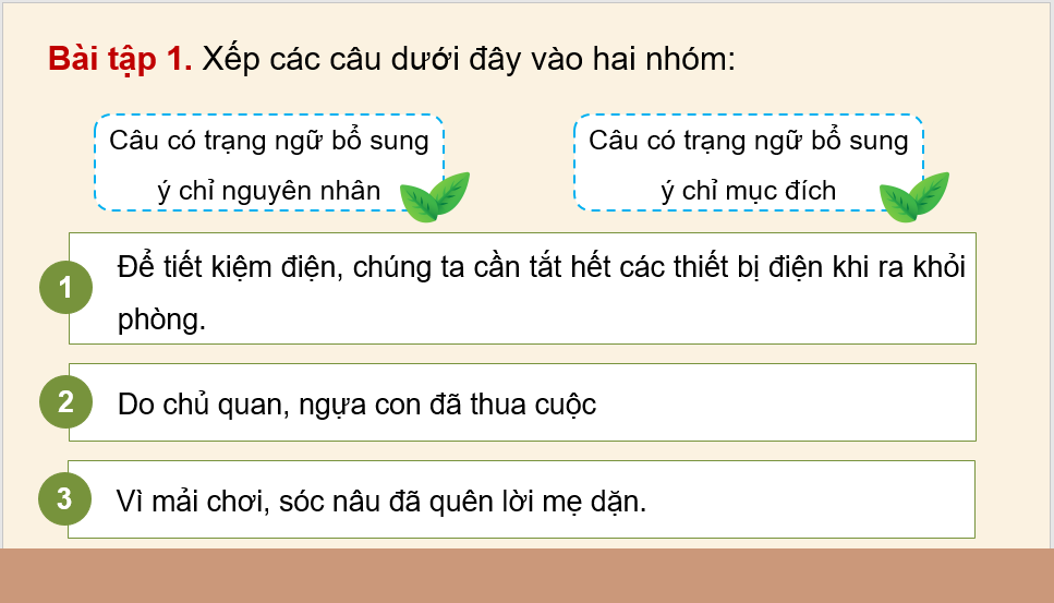 Giáo án điện tử (Luyện từ và câu lớp 4) Trạng ngữ chỉ mục đích, nguyên nhân | PPT Tiếng Việt lớp 4 Chân trời sáng tạo