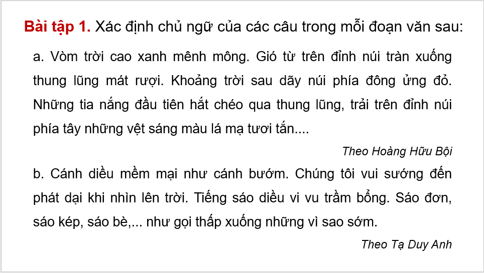 Giáo án điện tử (Luyện từ và câu lớp 4) Luyện tập về chủ ngữ | PPT Tiếng Việt lớp 4 Chân trời sáng tạo