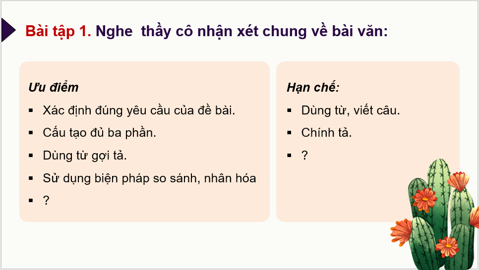 Giáo án điện tử Trả bài văn miêu tả cây cối (trang 67) lớp 4 | PPT Tiếng Việt lớp 4 Chân trời sáng tạo