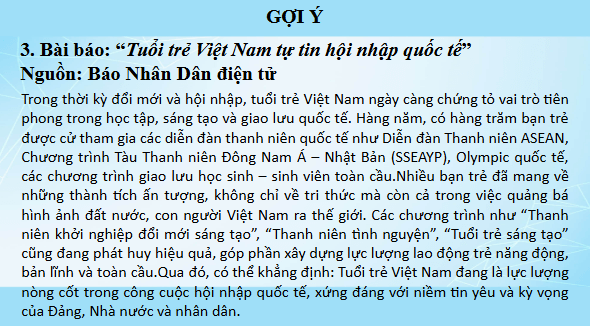 Giáo án điện tử Đọc sách báo về gương học tập, rèn luyện hoặc các hoạt động quốc tế của tuổi trẻ Việt Nam lớp 5 | PPT Tiếng Việt lớp 5 Cánh diều