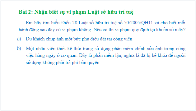 Giáo án điện tử Tin 10 Cánh diều Bài 2: Thực hành vận dụng một số điều luật về chia sẻ thông tin trong môi trường số | PPT Tin học 10