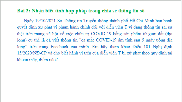 Giáo án điện tử Tin 10 Cánh diều Bài 2: Thực hành vận dụng một số điều luật về chia sẻ thông tin trong môi trường số | PPT Tin học 10