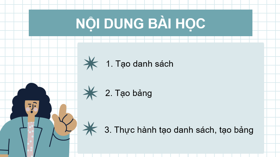 Giáo án điện tử Tin 12 Cánh diều Bài 4: Trình bày nội dung theo dạng danh sách, bảng biểu | PPT Tin học 12