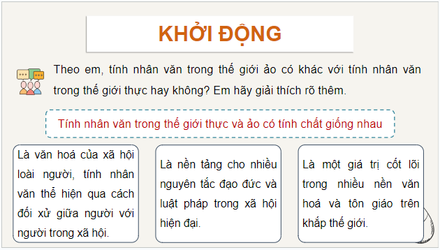 Giáo án điện tử Tin 12 Cánh diều Giữ gìn tính nhân văn trong thế giới ảo | PPT Tin học 12