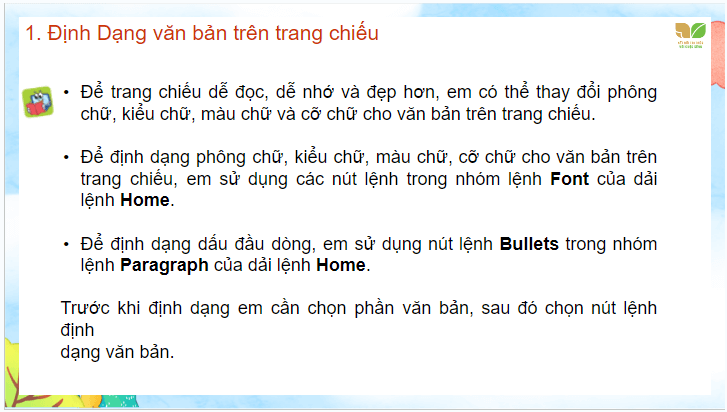 Giáo án điện tử Tin học lớp 4 Kết nối tri thức Bài 8: Định dạng văn bản trên trang chiếu | PPT Tin học 4