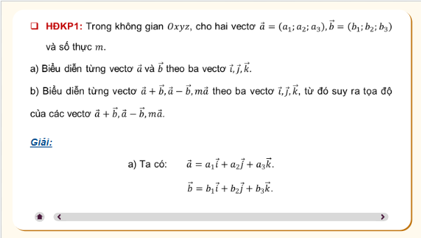 Giáo án điện tử Toán 12 Chân trời Bài 3: Biểu thức toạ độ của các phép toán vectơ | PPT Toán 12 Chân trời sáng tạo