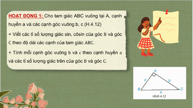 Giáo án điện tử Toán 9 Kết nối Bài 12: Một số hệ thức giữa cạnh, góc trong tam giác vuông và ứng dụng | PPT Toán 9 Kết nối tri thức