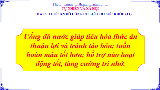 Giáo án điện tử TNXH lớp 3 Cánh diều Bài 18: Thức ăn, đồ uống có lợi cho sức khỏe | PPT Tự nhiên và xã hội lớp 3