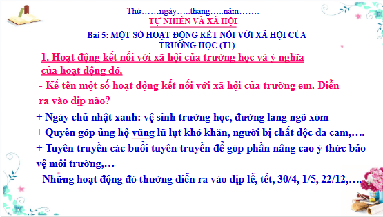 Giáo án điện tử TNXH lớp 3 Cánh diều Bài 5: Một số hoạt động kết nối với xã hội của trường học | PPT Tự nhiên và xã hội lớp 3