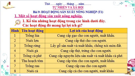 Giáo án điện tử TNXH lớp 3 Cánh diều Bài 9: Hoạt động sản xuất nông nghiệp | PPT Tự nhiên và xã hội lớp 3