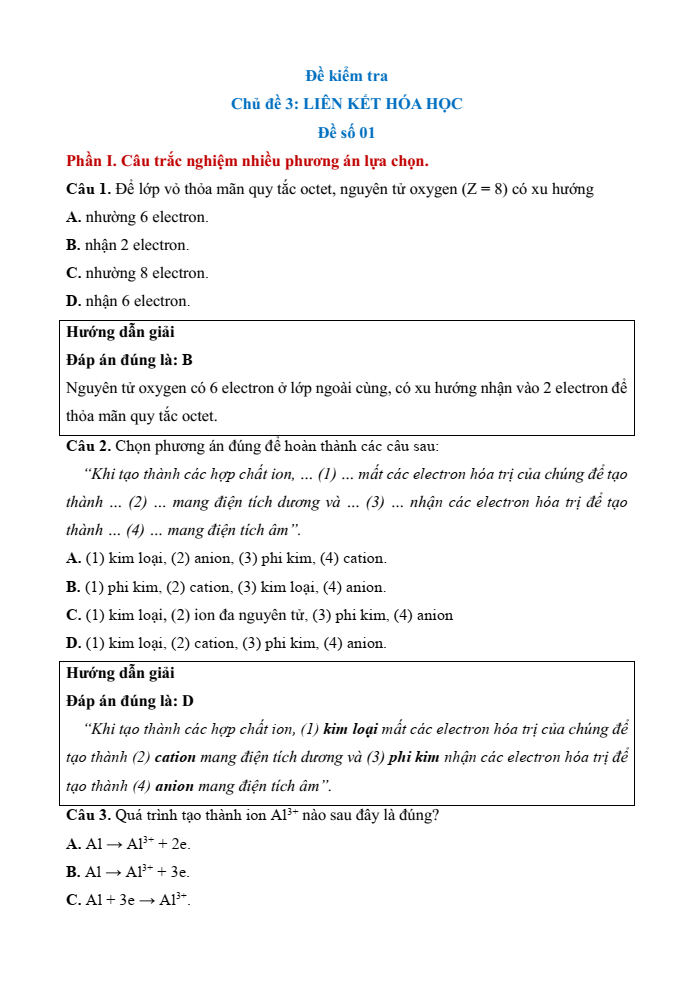 Đề kiểm tra Hóa học 10 Cánh diều Chủ đề 3 (có lời giải)