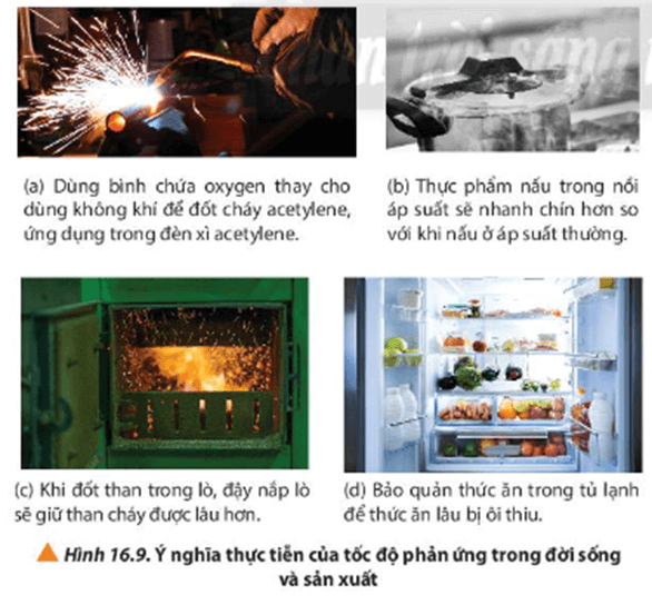 Quan sát Hình 16.9, cho biết yếu tố nào ảnh hưởng đến tốc độ phản ứng đã được vận dụng trong thực tiễn