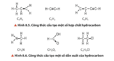 Nhận xét thành phần nguyên tố của hydrocarbon và dẫn xuất của hydrocarbon trong Hình 8.5 và 8.6