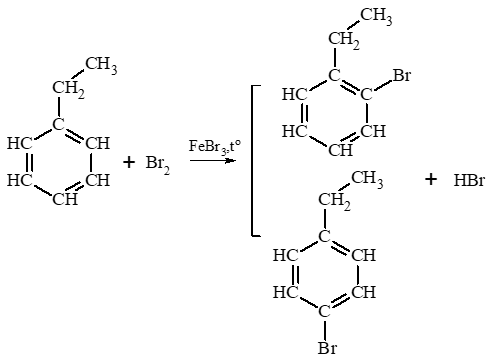 Viết phương trình phản ứng của ethylbenzene với các tác nhân sau Br2/FeBr3, nhiệt độ