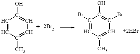 Viết phương trình hoá học của phản ứng xảy ra khi cho 4–methylphenol tác dụng với nước bromine