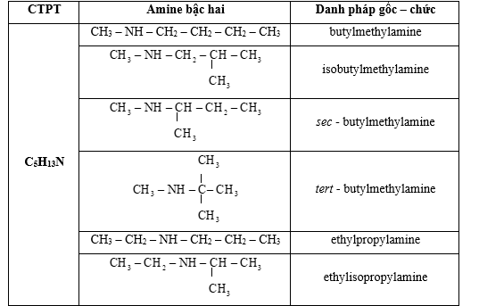 Viết công thức cấu tạo và gọi tên theo danh pháp gốc – chức các amine bậc hai có công thức phân tử C5H13N