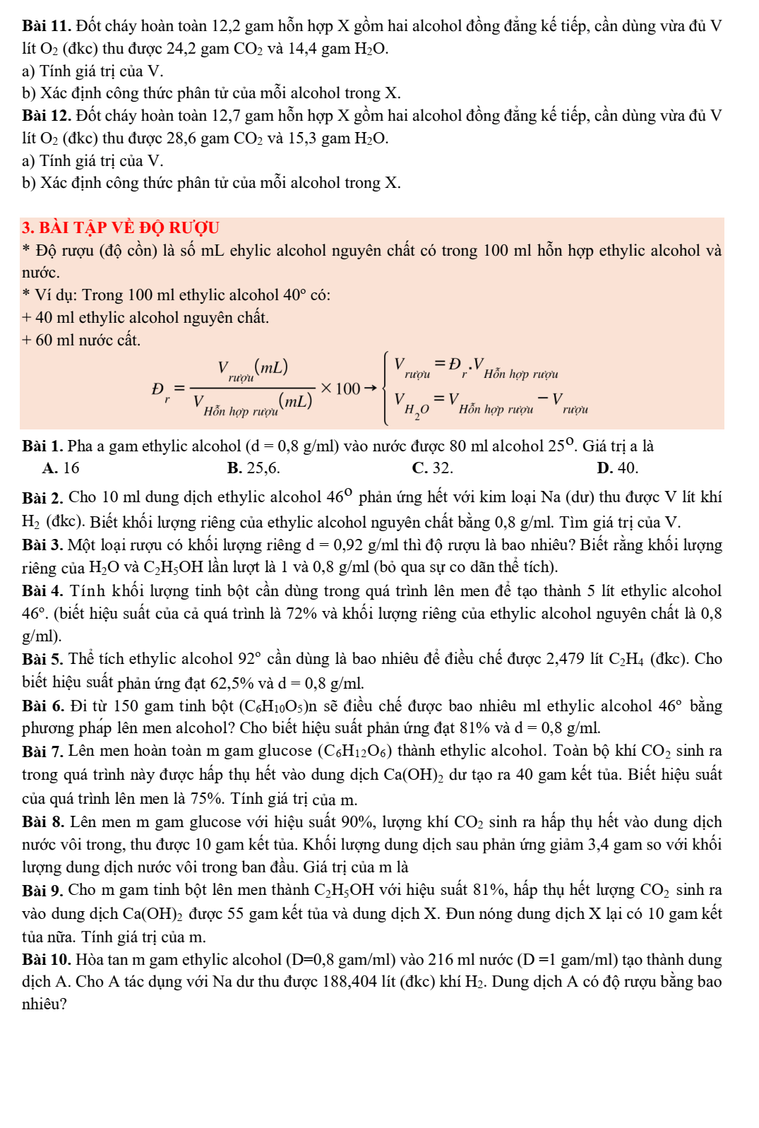 Chuyên đề bồi dưỡng HSG Hóa học 9 Alcohol (có lời giải)