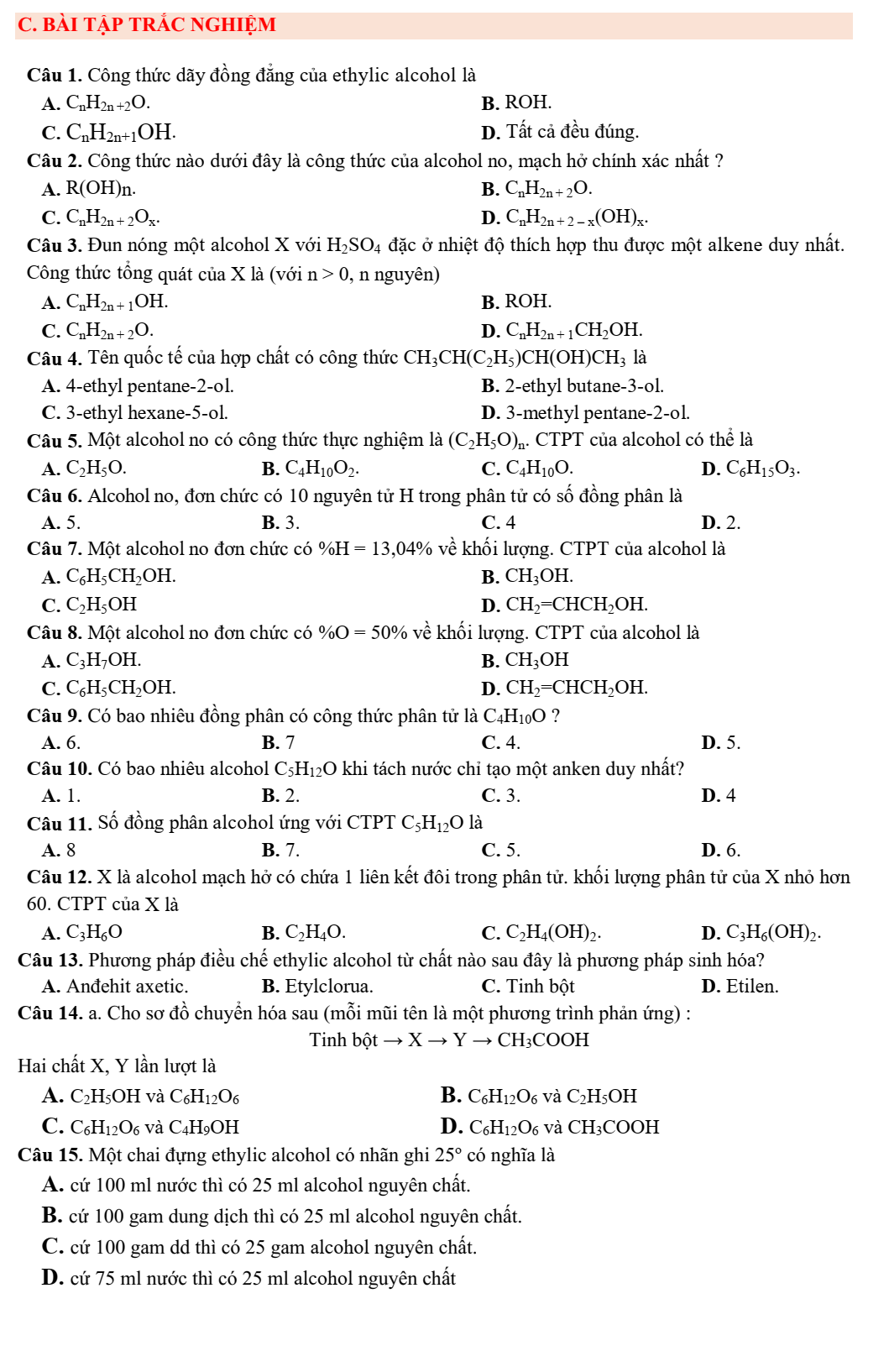 Chuyên đề bồi dưỡng HSG Hóa học 9 Alcohol (có lời giải)