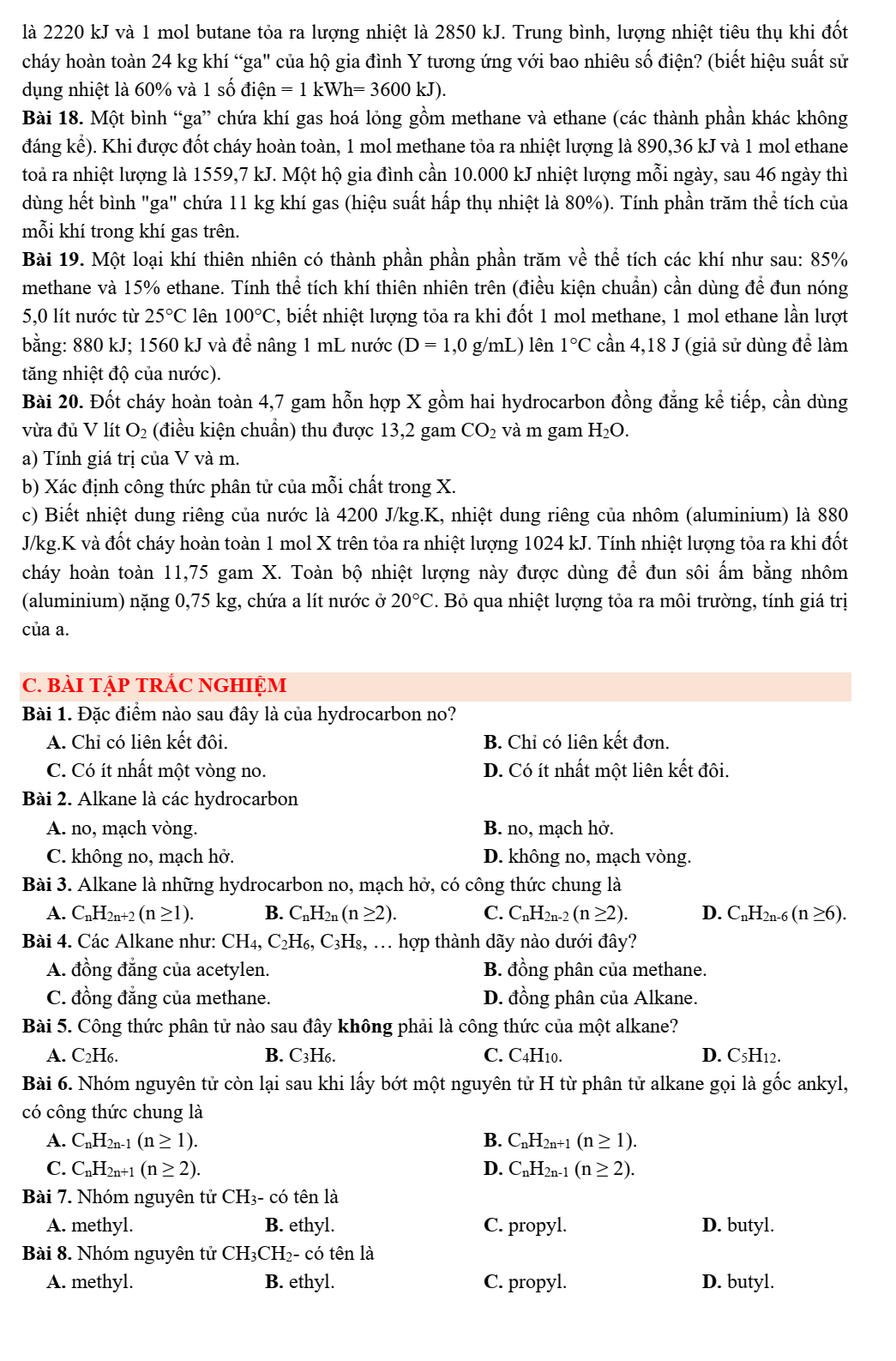 Chuyên đề bồi dưỡng HSG Hóa học 9 Alkane (có lời giải)