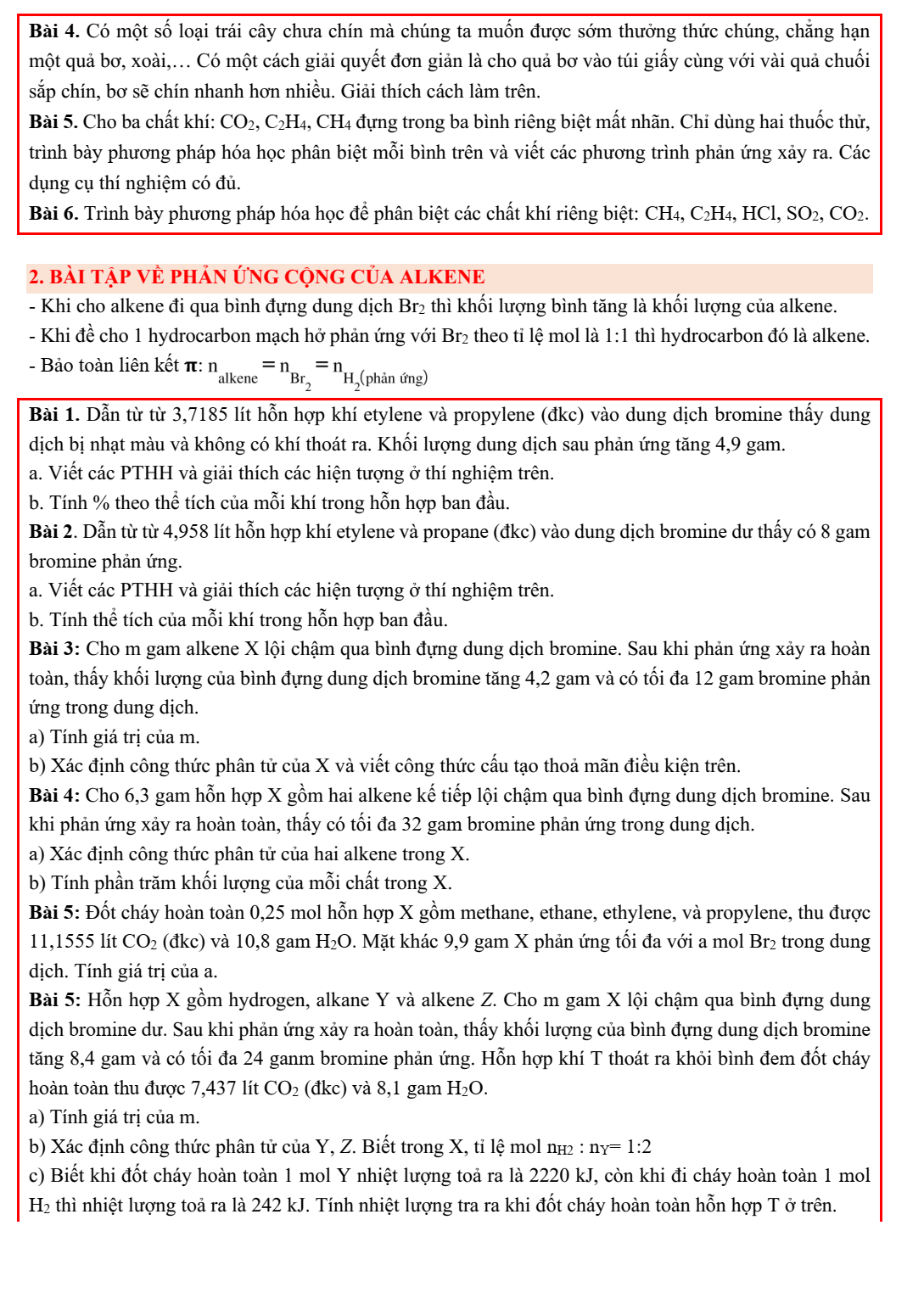 Chuyên đề bồi dưỡng HSG Hóa học 9 Alkene (có lời giải)
