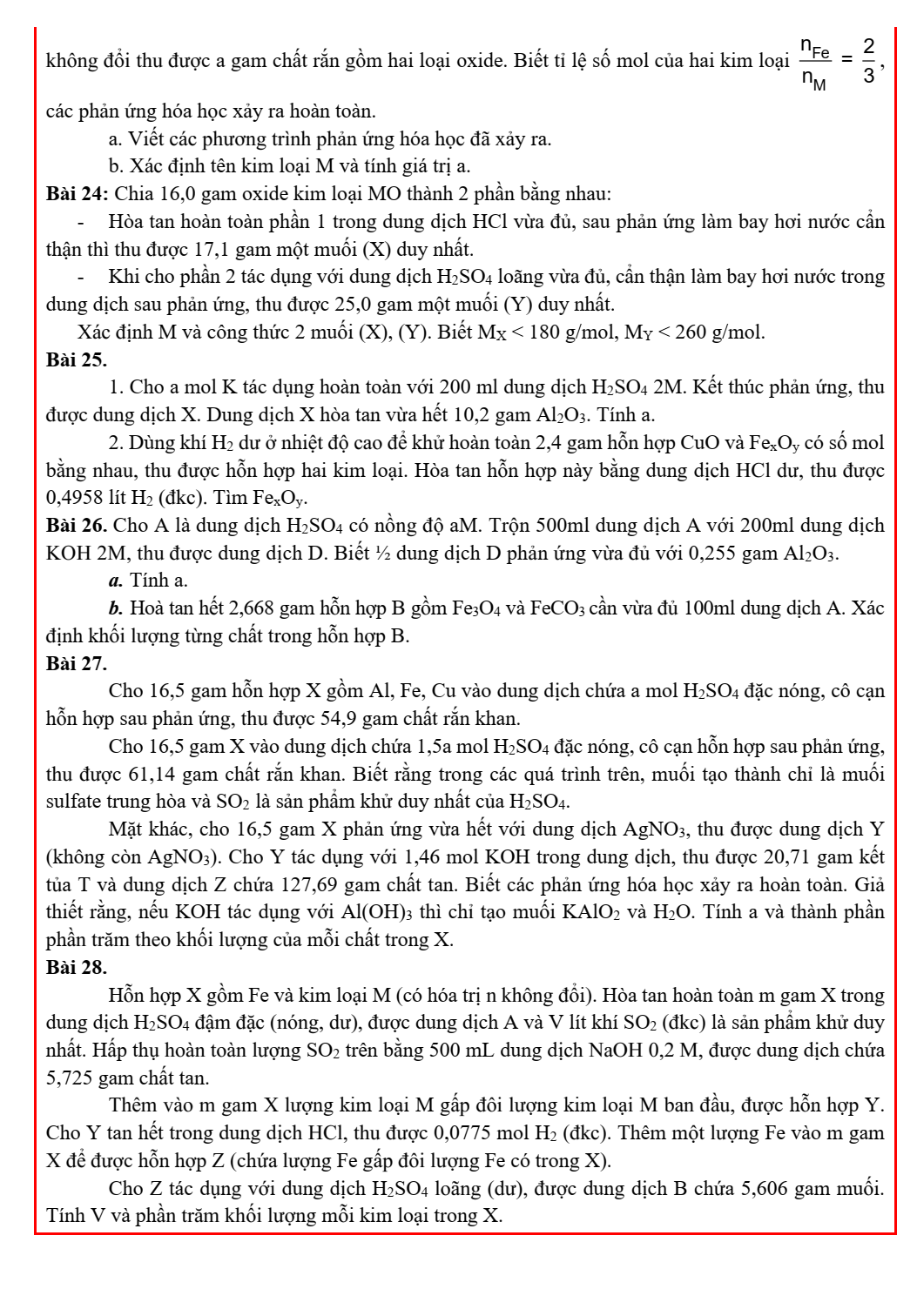 Chuyên đề bồi dưỡng HSG Hóa học 9 Bài tập H2SO4 nâng cao (có lời giải)