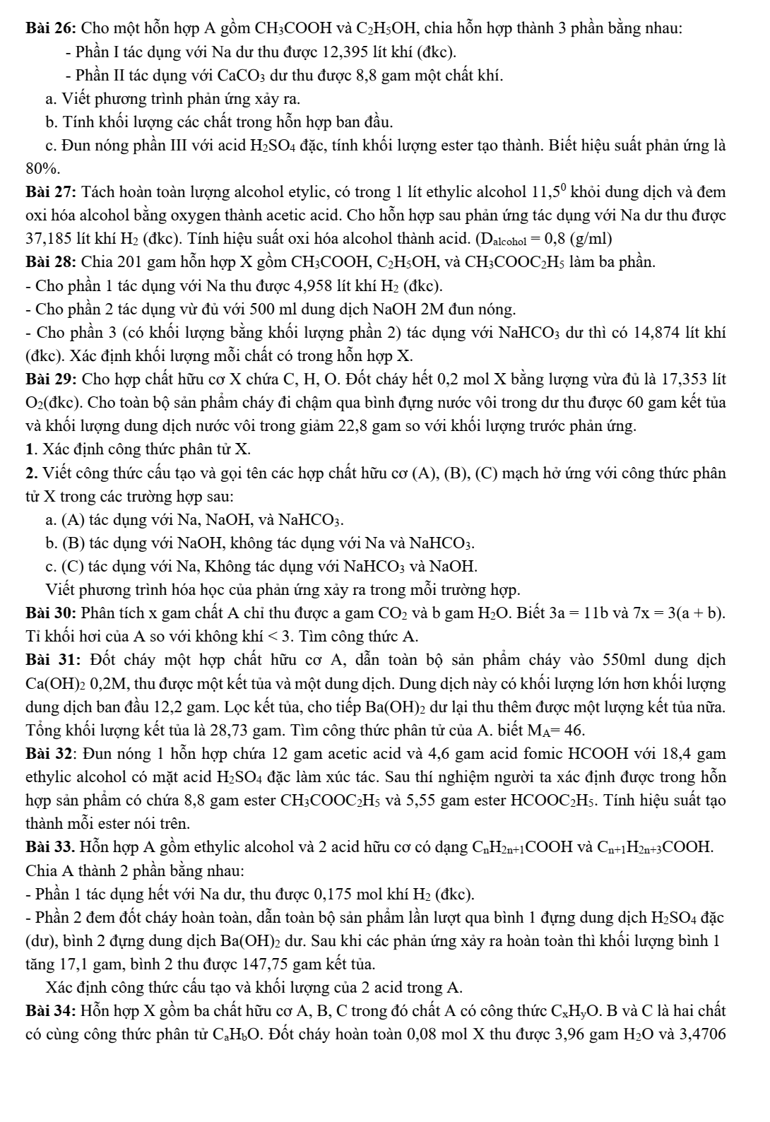 Chuyên đề bồi dưỡng HSG Hóa học 9 Bài tập nâng cao về alcohol và carboxylic acid (có lời giải)