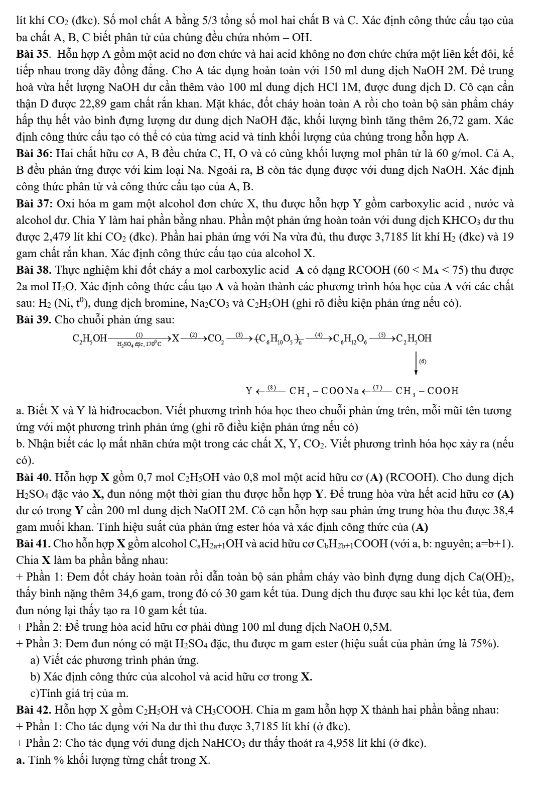 Chuyên đề bồi dưỡng HSG Hóa học 9 Bài tập nâng cao về alcohol và carboxylic acid (có lời giải)