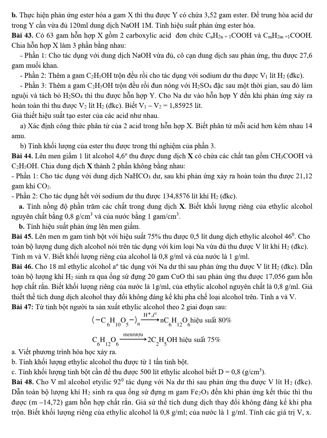 Chuyên đề bồi dưỡng HSG Hóa học 9 Bài tập nâng cao về alcohol và carboxylic acid (có lời giải)
